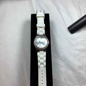 Geneva Women's Watch White Silicone Band Rhinestone Bezel Analog Quartz